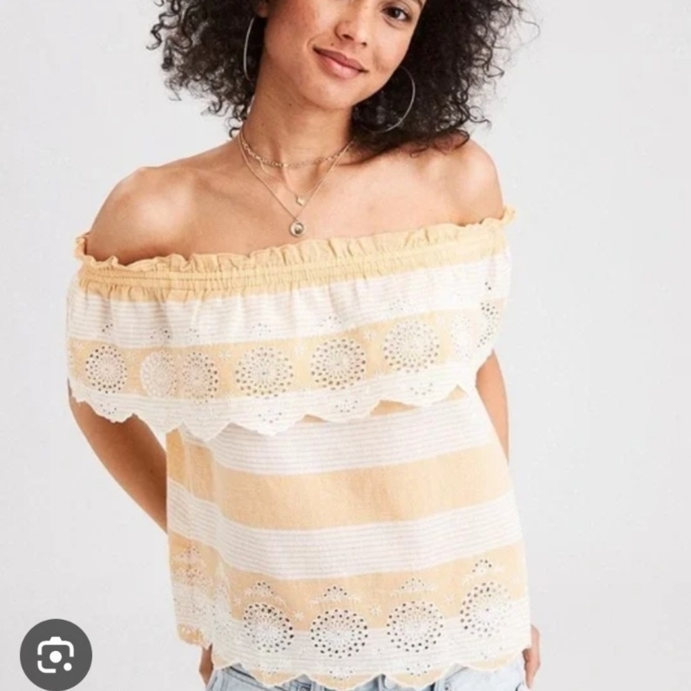 American Eagle Orange and White Boho Striped Off-Shoulder Camisole Women's M